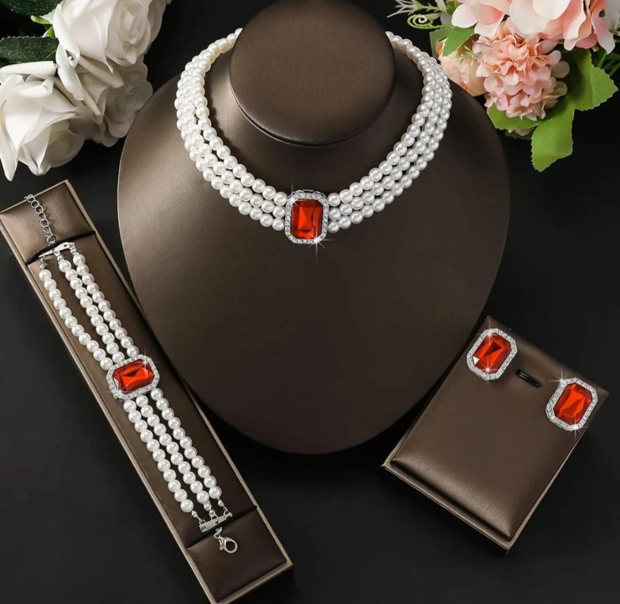 3 piece multi layered pearl jewellery set
