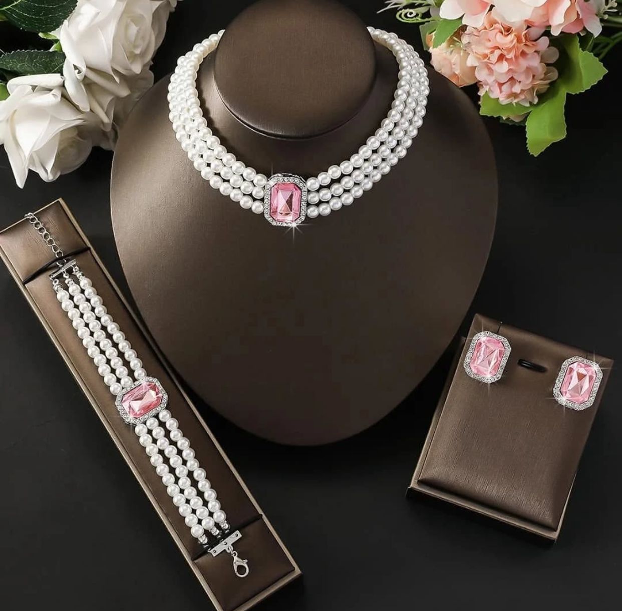 3 piece multi layered pearl jewellery set